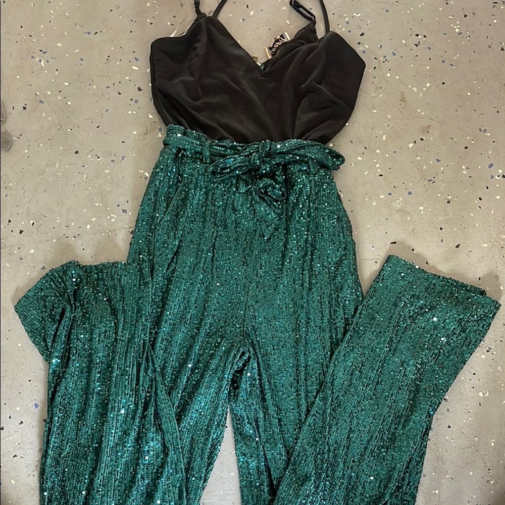 Emerald Green sequins Jumpsuit with Wide-Leg Design